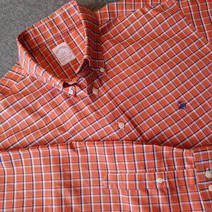 Brooks Brothers 346 Mens Lg Shirt Orange/Blue Plaid Oxford Button Down Lng Slv